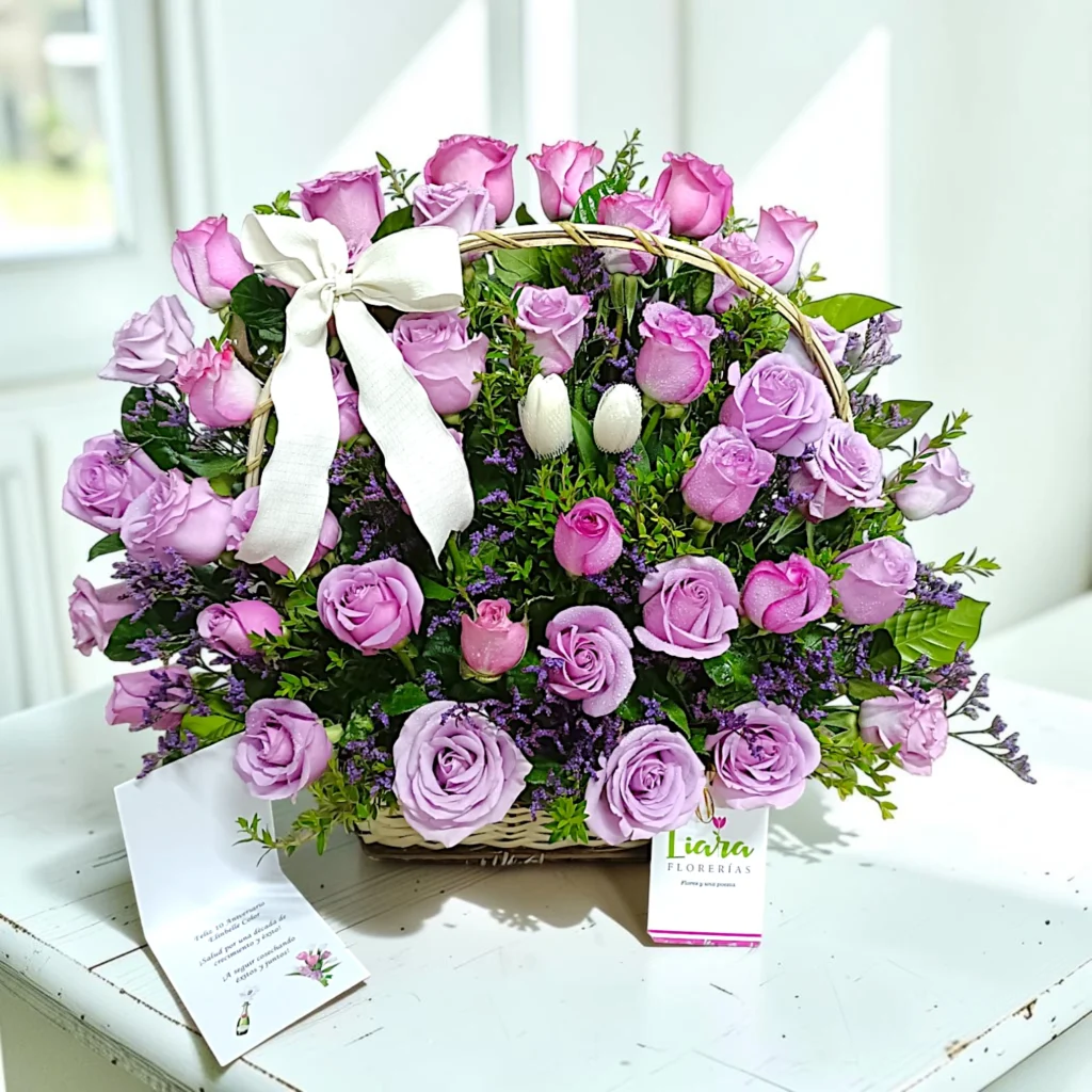 canasta de mimbre, rosas lilas, más tulipanes