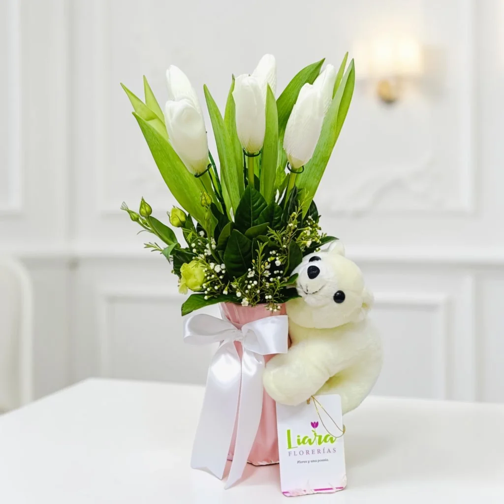 FLO_ florero con 5 tulipanes más panda