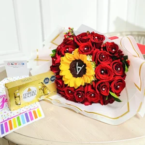 24 rosas rojas con inicial más chocolate