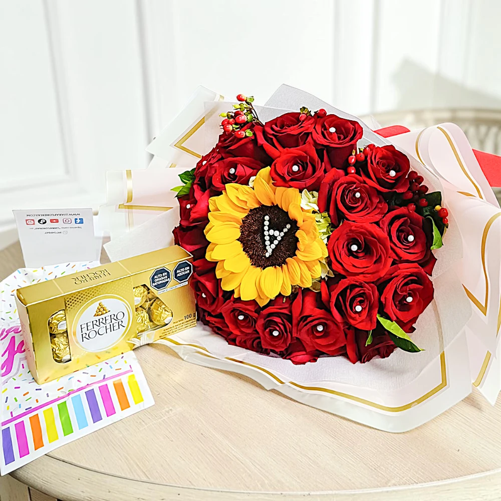 24 rosas rojas con inicial más chocolate